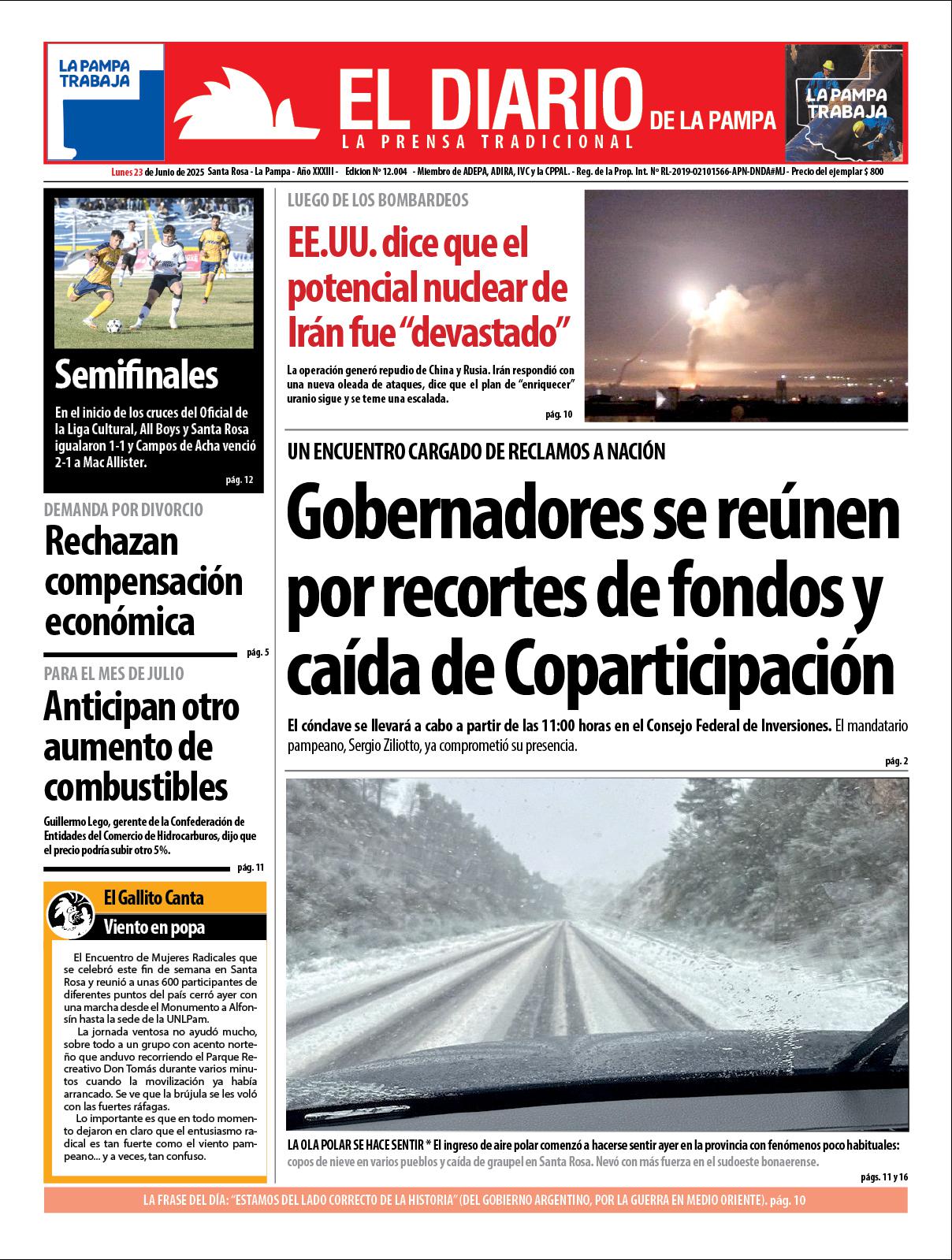 Tapa de El Diario en papel  lunes 23 de junio de 2025